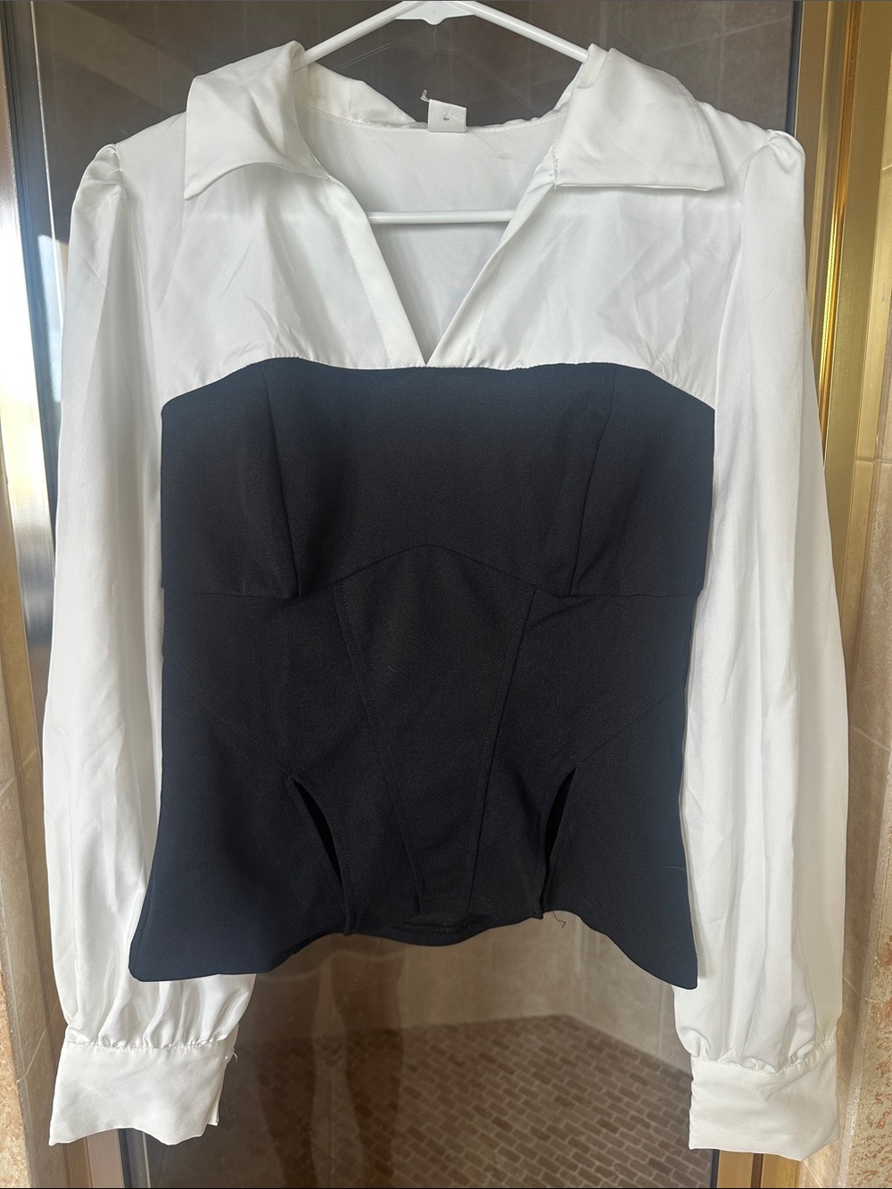 Women's Two-Tone Black Bustier Blouse with White Collar and Sleeves
